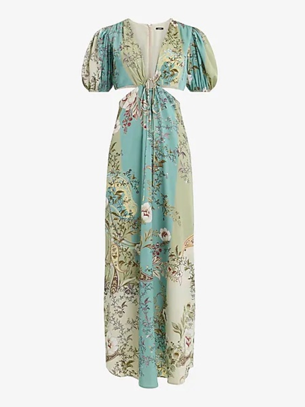 Express Satin Floral V-Neck Puff Sleeve Tie Front Cutout Maxi Dress Large - Picture 2 of 11